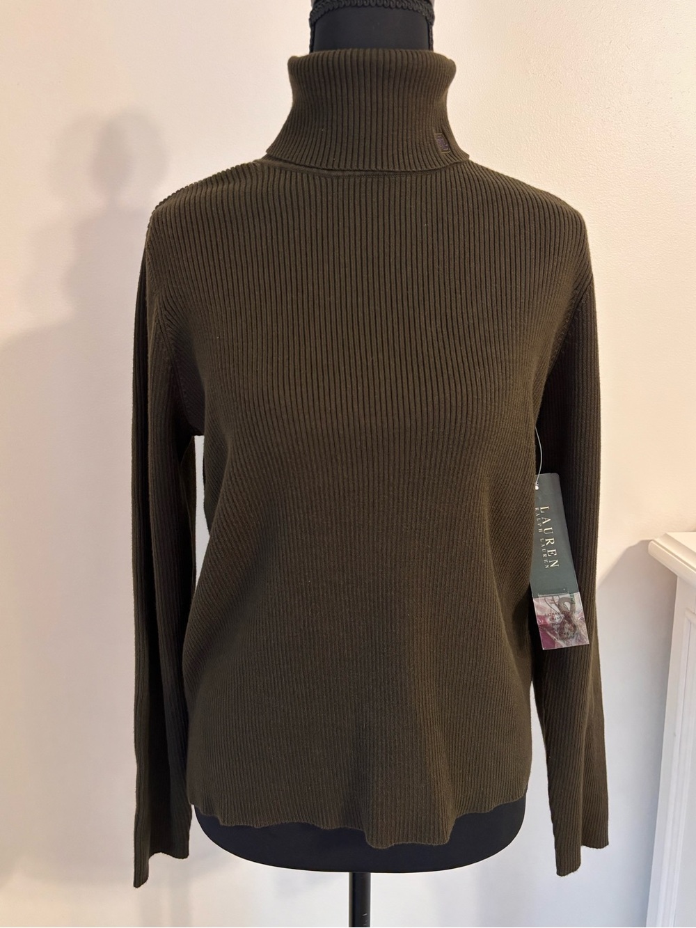 Lauren Ralph Lauren women’s L Dark Olive Green Rib Knit Turtleneck sweater NWT